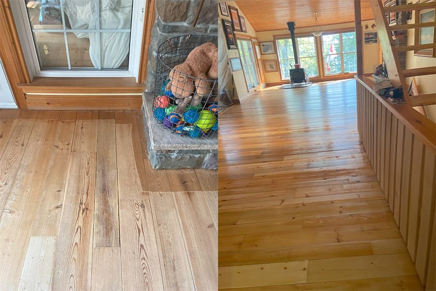 Before-and-after-restoration-floor-sanding-waterfront-home-Elgin-Ontario